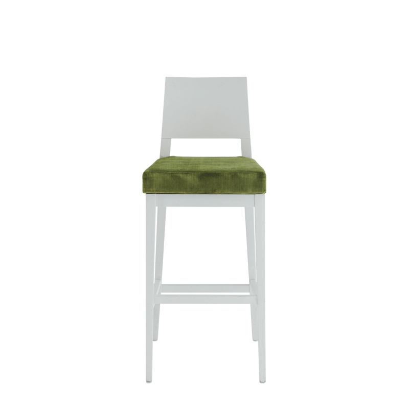 Porcino Bar Stool in White with Chartreuse Green Velvet Seat Pad