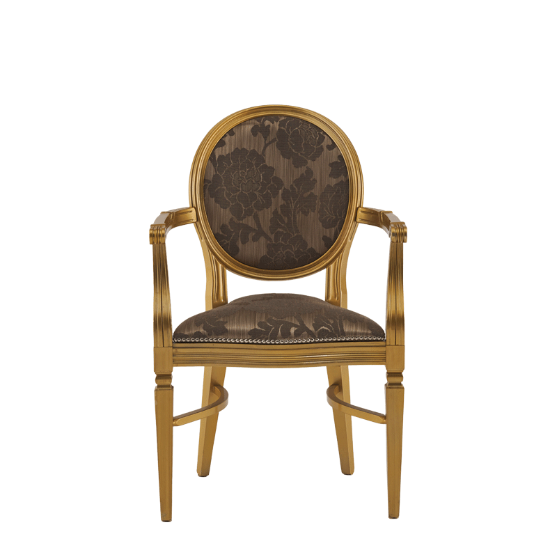 Chandelle Armchair in Gold with Damask Taupe Seat Pad