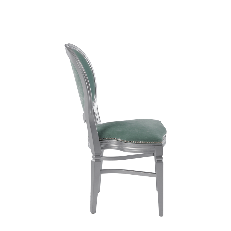 Chandelle Chair in Silver with Sea Green Velvet Seat Pad